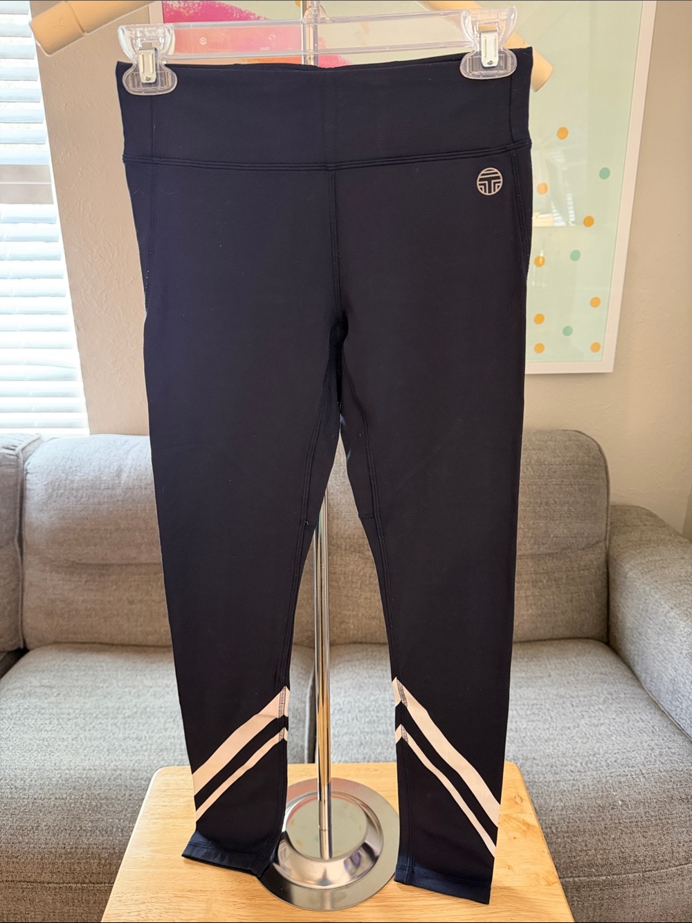 Tory Sport Black Leggings with Pink Chevron Ankle Stripes